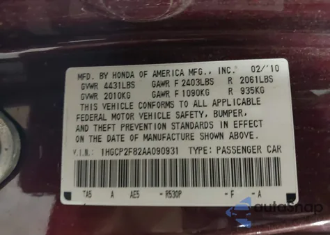 2010 Honda Accord 2.4 Ex-L from USA, damaged, VIN 1HGCP2F82AA090931